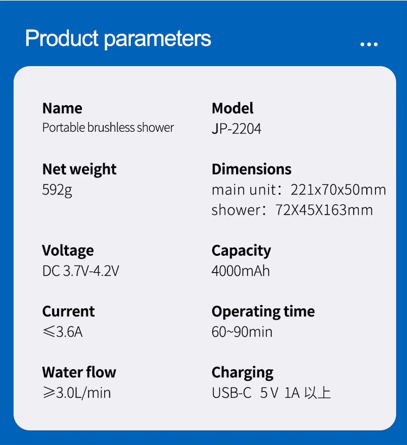 Portable Camping Shower USB Rechargeable IPX8 Waterproof Outdoor Shower Pump 2.5-3.5L/Min Flow 1.8M Hose for Travel Hiking Car