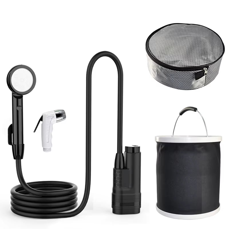 Portable Camping Shower USB Rechargeable IPX8 Waterproof Outdoor Shower Pump 2.5-3.5L/Min Flow 1.8M Hose for Travel Hiking Car