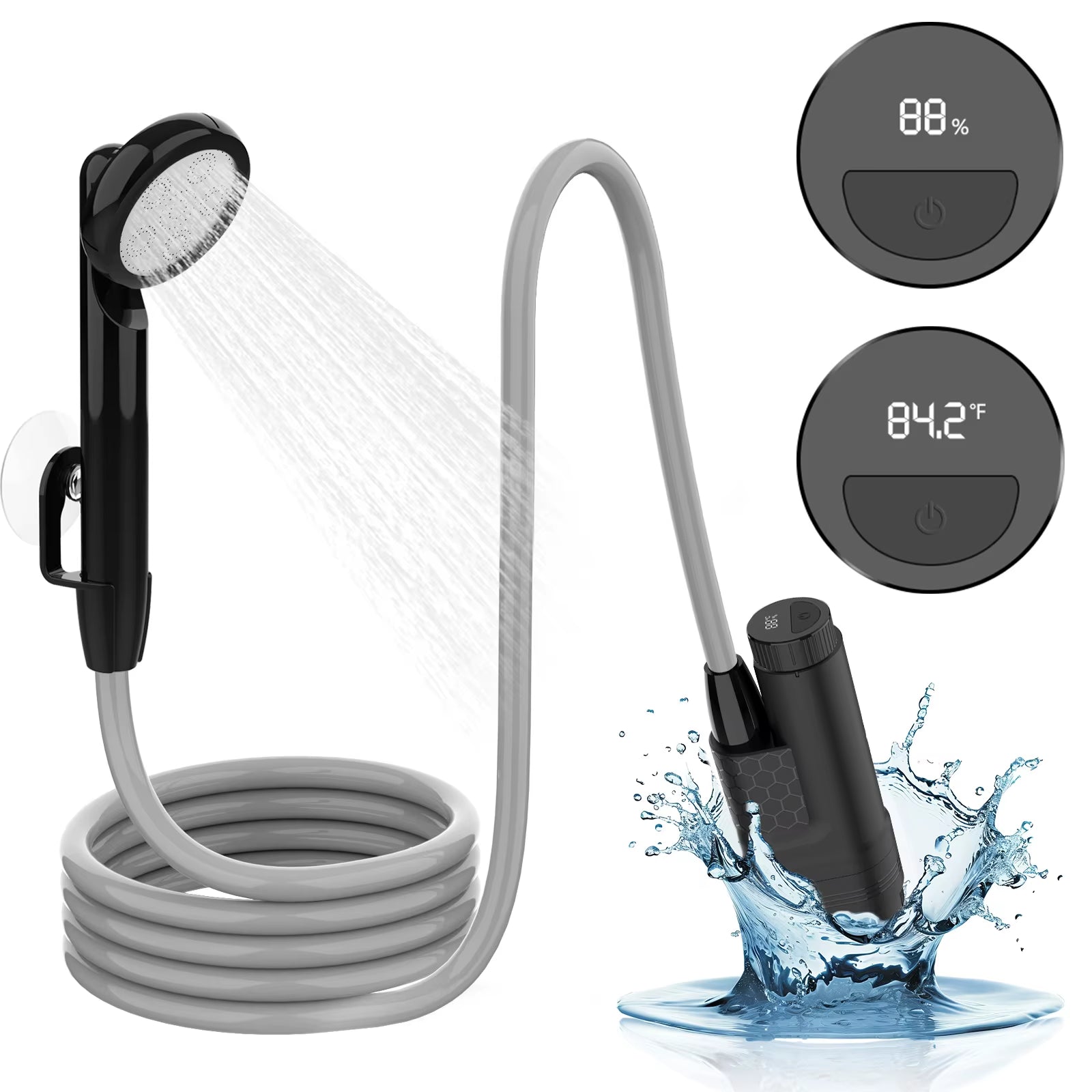 Portable Camping Shower USB Rechargeable IPX8 Waterproof Outdoor Shower Pump 2.5-3.5L/Min Flow 1.8M Hose for Travel Hiking Car